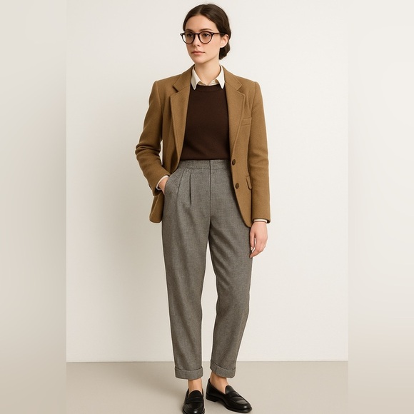 ANN TAYLOR Vintage 90s Wool Blend Houndstooth Trousers Tapered Leg High Rise 14 - Picture 1 of 16